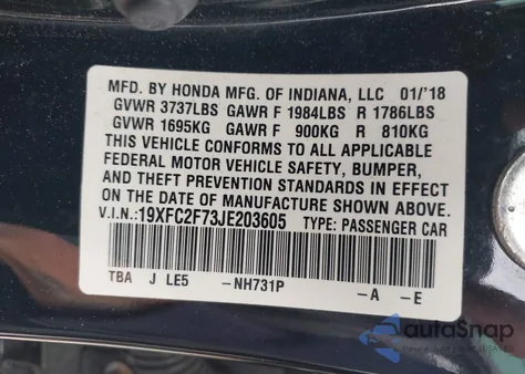 2018 Honda Civic Ex z USA, uszkodzony, nr VIN 19XFC2F73JE203605